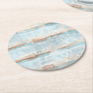Aqua Turquoise Brown White Watercolor Stripes Art Round Paper Coaster