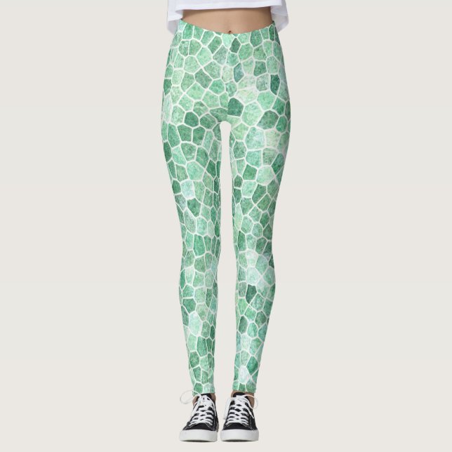 Aqua Turquoise Cobbled Patchwork Terrazo Pattern Leggings (Front)