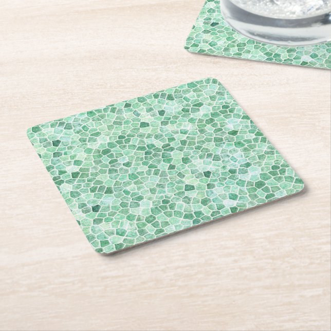 Aqua Turquoise Cobbled Patchwork Terrazo Pattern Square Paper Coaster (Angled)