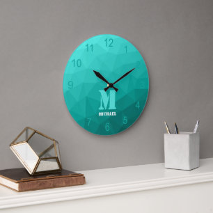 Aqua turquoise Geometric Mesh Pattern Monogram Large Clock