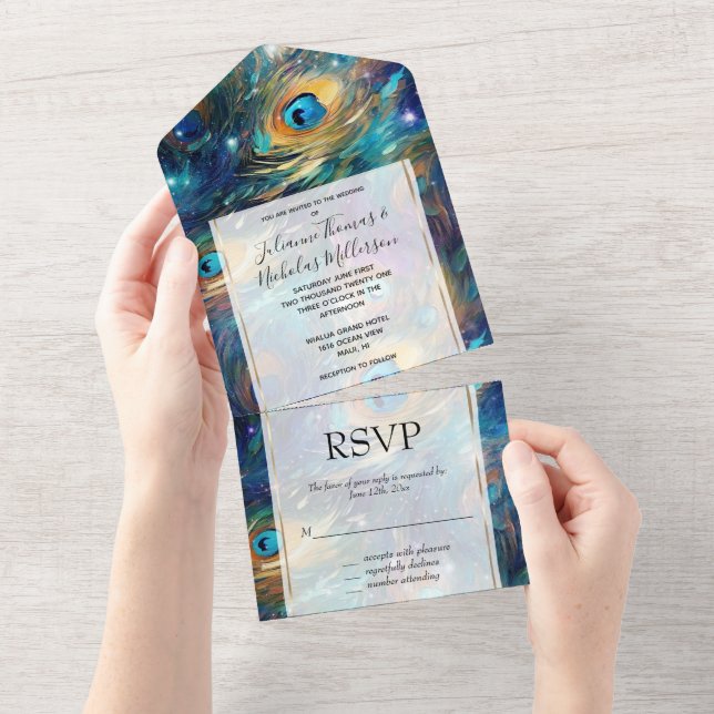 Aqua Turquoise Gold Peacock Feathers All In One Invitation (Tearaway)