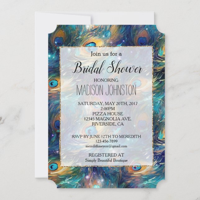 Aqua Turquoise Gold Peacock Feathers Invitation (Front)