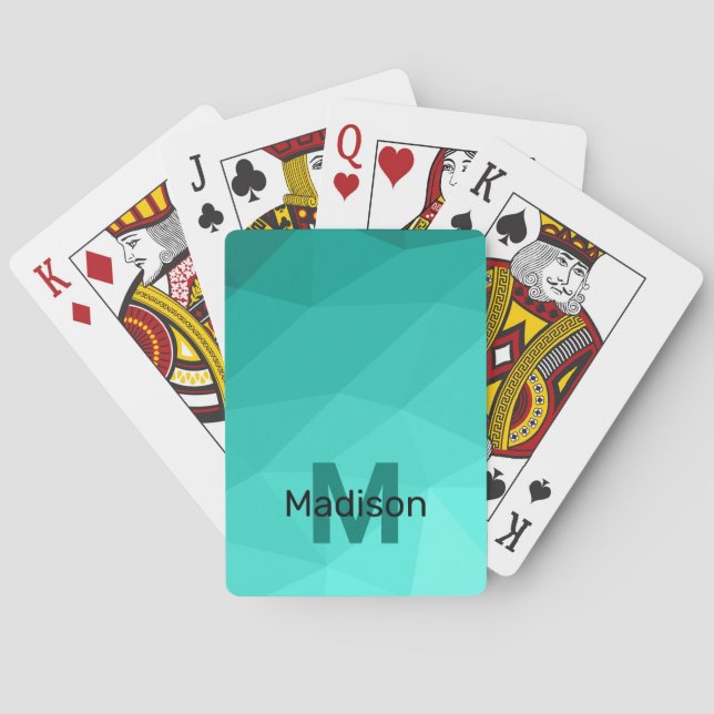 Aqua Turquoise Gradient Geometric Mesh Monogram Playing Cards (Back)
