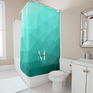 Aqua Turquoise Gradient Geometric Mesh Monogram Shower Curtain