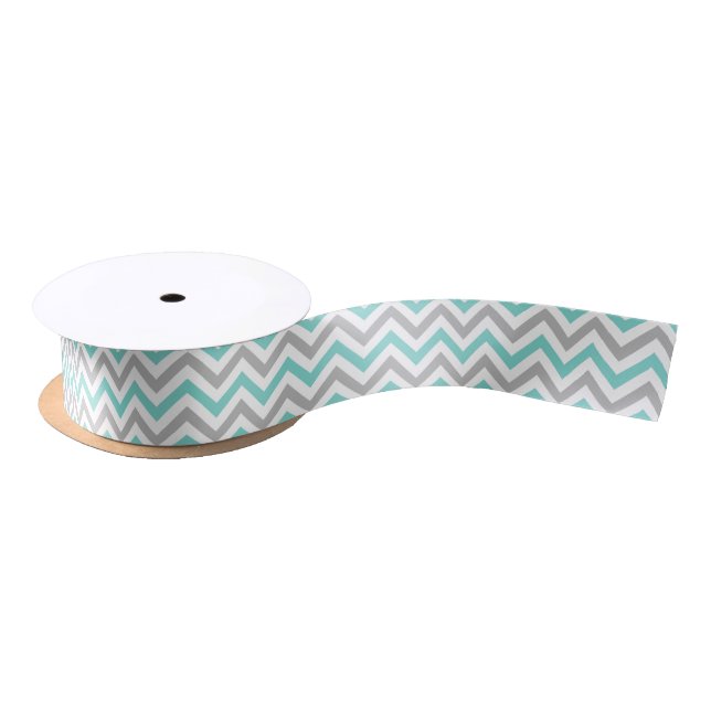Aqua Turquoise Grey Wht LG Chevron ZigZag Pattern Satin Ribbon (Spool)