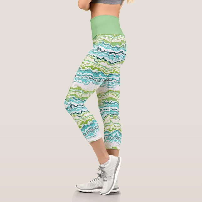 Aqua Turquoise Lime Green Minerals Agate Pattern Capri Leggings (Left)