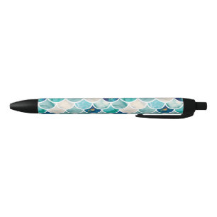 Aqua turquoise marble mermaid fish scales black ink pen