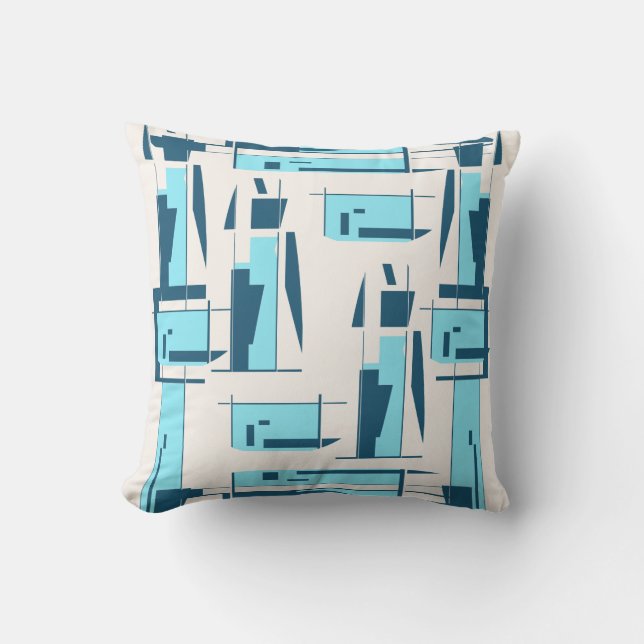 Aqua Turquoise on White Shapes and  Lines Design Cushion (Front)
