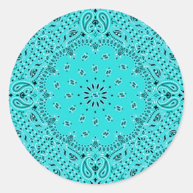 Aqua Turquoise Paisley Western Bandanna Scarf Prin Classic Round Sticker (Front)