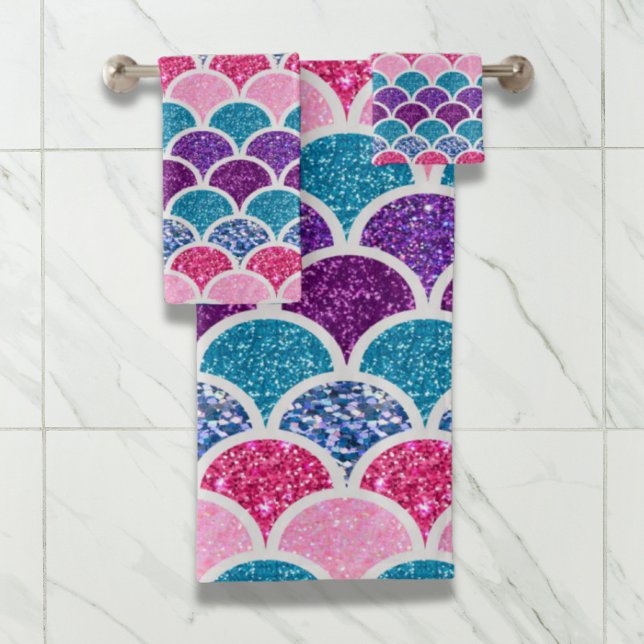 aqua turquoise pink purple mermaid scales bath towel set (aqua turquoise pink purple mermaid scales bath towel set)
