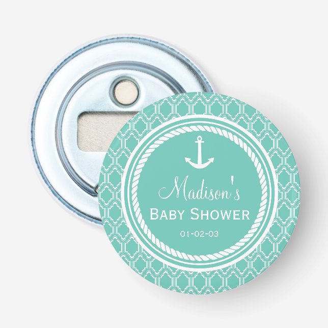 Aqua Turquoise Retro Nautical Anchor Baby Shower Bottle Opener (Front)