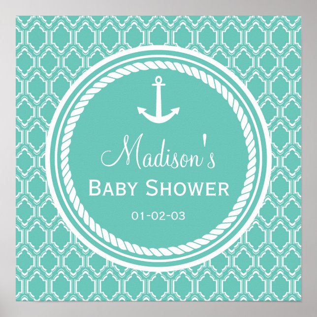 Aqua Turquoise Retro Nautical Anchor Baby Shower Poster (Front)