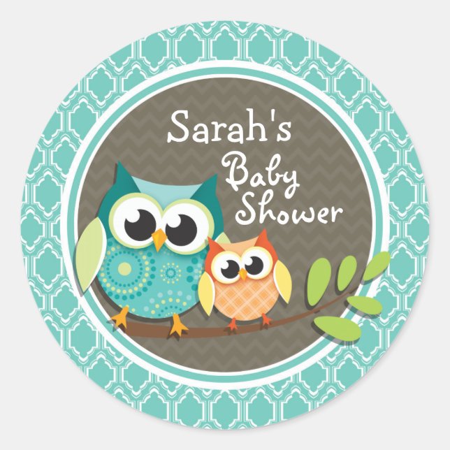 Aqua Turquoise Retro Owls Baby Shower Classic Round Sticker (Front)