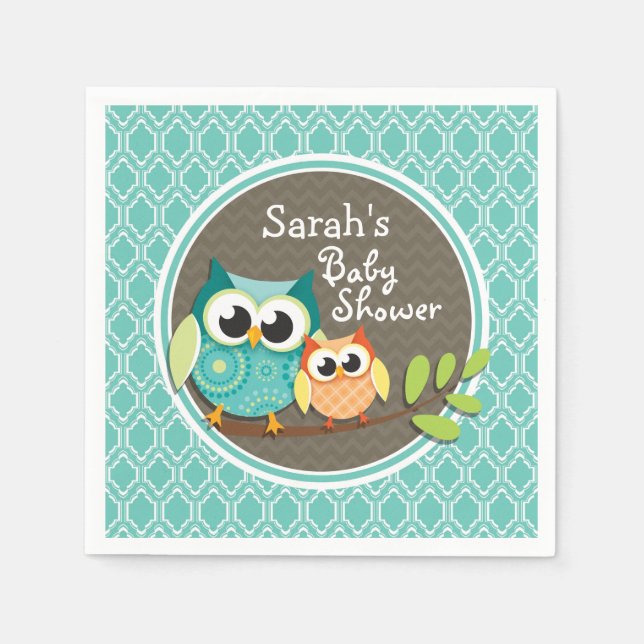 Aqua Turquoise Retro Owls Baby Shower Napkin (Front)
