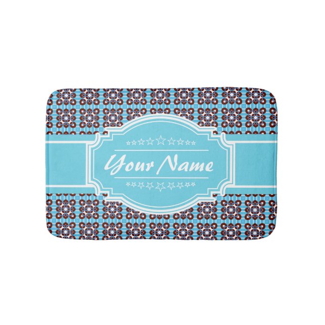 Aqua Turquoise Squares Pattern Personalised Bath Mat (Front)