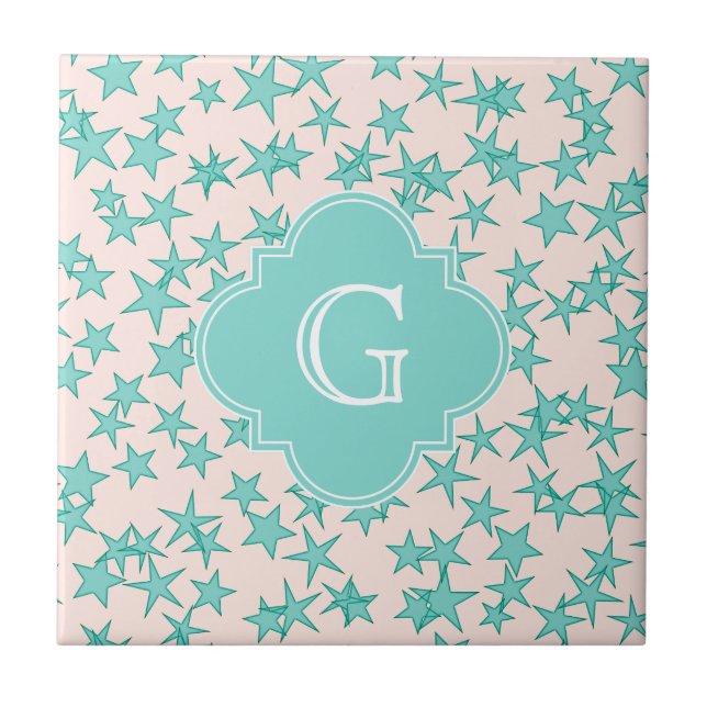 Aqua Turquoise Stars White Background Monogram Ceramic Tile (Front)
