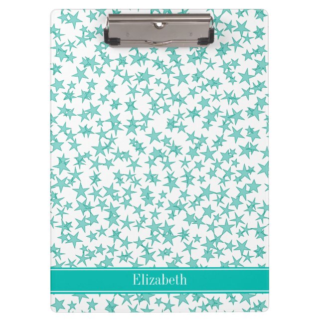 Aqua Turquoise Stars White BG, Teal Name Monogram Clipboard (Front)