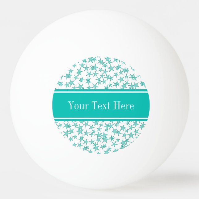 Aqua Turquoise Stars White BG, Teal Name Monogram Ping Pong Ball (Front)