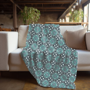 Aqua Turquoise Teal Blue Green Bohemian Tribal Art Fleece Blanket