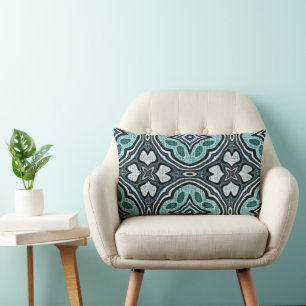 Aqua Turquoise Teal Blue Green Bohemian Tribal Art Lumbar Cushion
