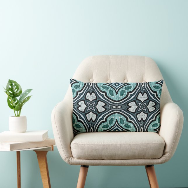 Aqua Turquoise Teal Blue Green Bohemian Tribal Art Lumbar Cushion (Chair)