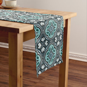 Aqua Turquoise Teal Blue Green Bohemian Tribal Art Medium Table Runner