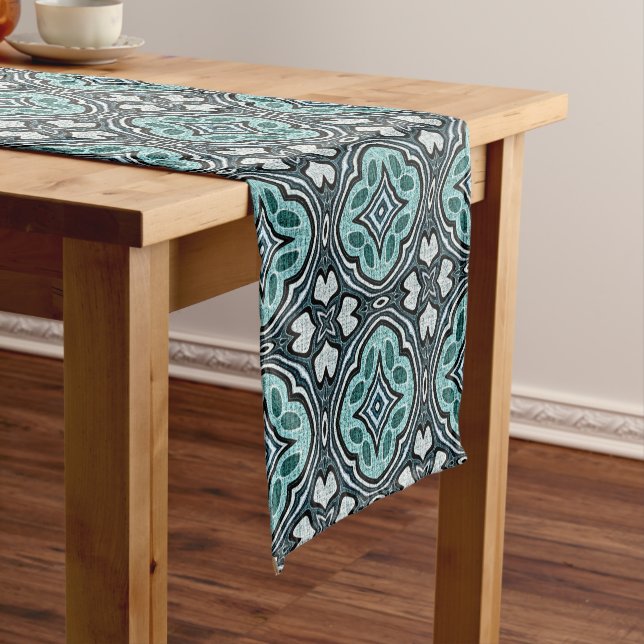 Aqua Turquoise Teal Blue Green Bohemian Tribal Art Short Table Runner (In Situ)
