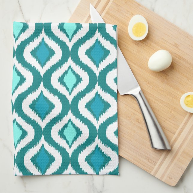 Aqua Turquoise Teal Blue Green Ikat Art Pattern Tea Towel (Quarter Fold)