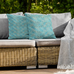 Aqua Turquoise Teal Blue Taupe Curved Lines Art Cushion