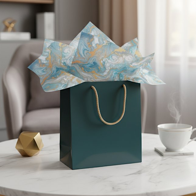 Aqua Turquoise Teal Blue White Gold Marble Pattern Tissue Paper (Creator Uploaded)