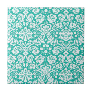 Aqua Turquoise Teal damask pattern Ceramic Tile