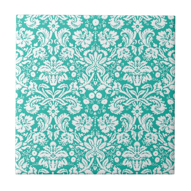 Aqua Turquoise Teal damask pattern Ceramic Tile (Front)