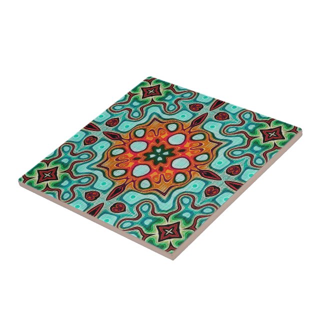 Aqua Turquoise Teal Orange Brown Ethnic Tribe Art Ceramic Tile (Side)