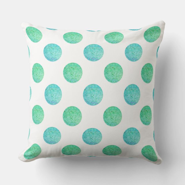 Aqua Turquoise Textured Watercolor Polka Dots Cushion (Front)