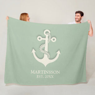 Aqua Turquoise White Anchor Name Date Nautical Fleece Blanket
