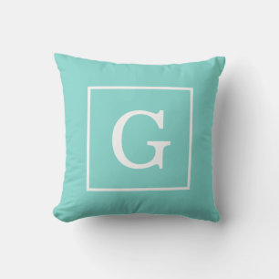Aqua Turquoise White Framed Initial Monogram Cushion