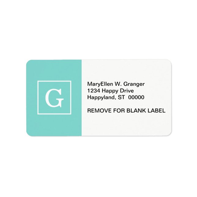 Aqua Turquoise White Framed Initial Monogram Label (Front)