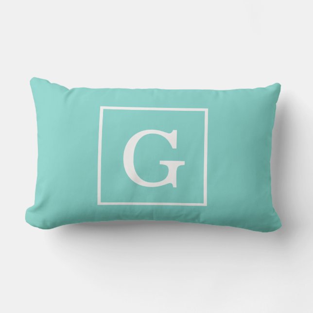 Aqua Turquoise White Framed Initial Monogram Lumbar Cushion (Front)
