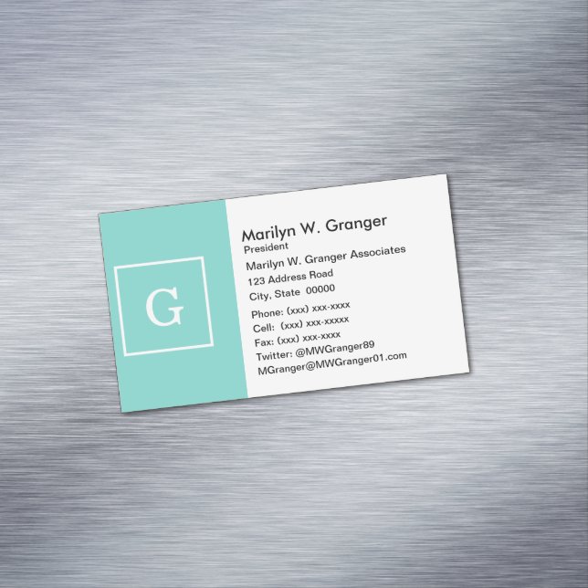 Aqua Turquoise White Framed Initial Monogram Magnetic Business Card (In Situ)