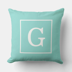Aqua Turquoise White Framed Initial Monogram Outdoor Cushion