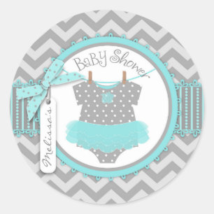 Aqua Tutu & Chevron Print Baby Shower Classic Round Sticker