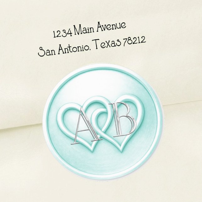 Aqua Two Hearts Intertwined Monogram Wedding Classic Round Sticker (Creator Uploaded)