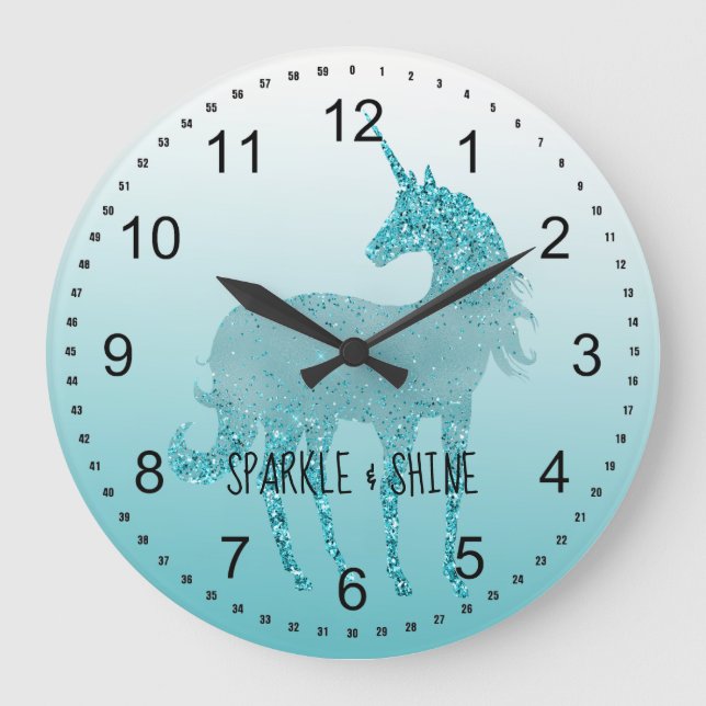 Aqua Unicorn Sparkle Large Clock (Front)
