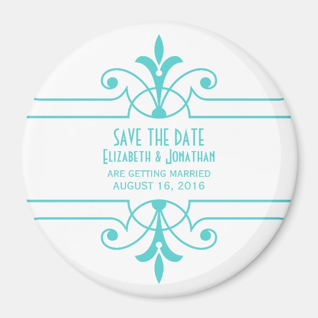 Aqua v2 Fancy Ornamental Save the Date Magnet (Front)