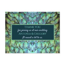 Aqua Vibrant Peacock Wedding Thank You Postcard