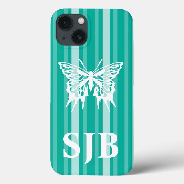 Aqua Victorian Stripe with Butterfly Case-Mate iPhone Case (Back)