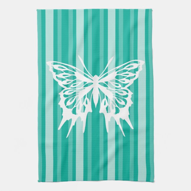Aqua Victorian Stripe with Butterfly Tea Towel (Vertical)