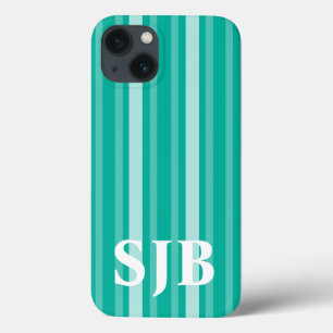 Aqua Victorian Stripe with Monogram iPhone 13 Case