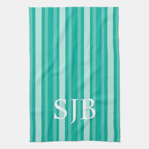 Aqua Victorian Stripe with Monogram Tea Towel