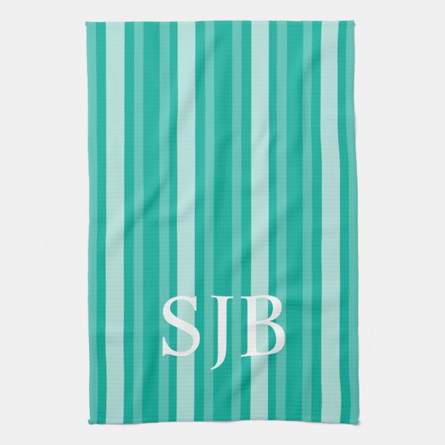 Aqua Victorian Stripe with Monogram Tea Towel (Vertical)